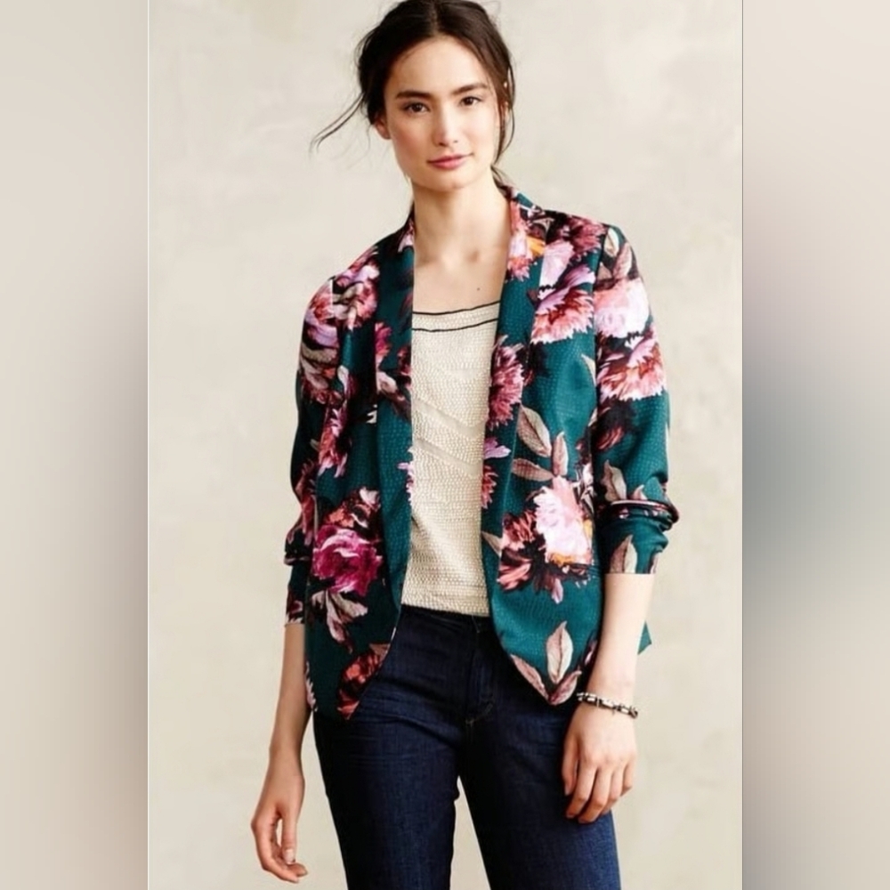 Anthropologie Cartonnier Teal Floral Blazer Size 6